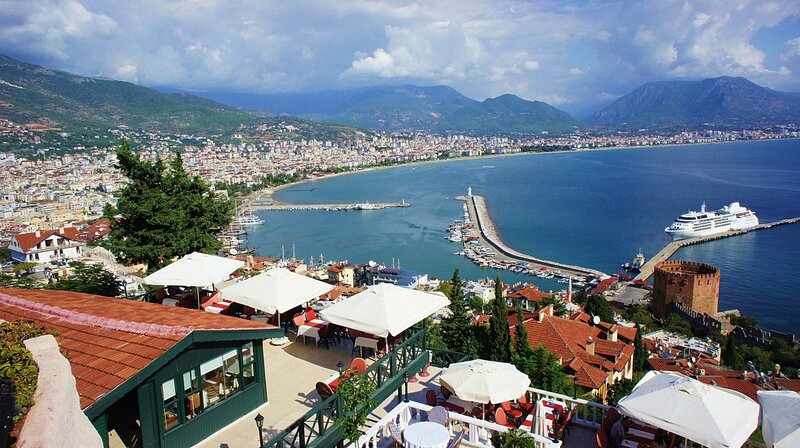 Coastal City with Harbor — Blue, Serene, Afternoon
