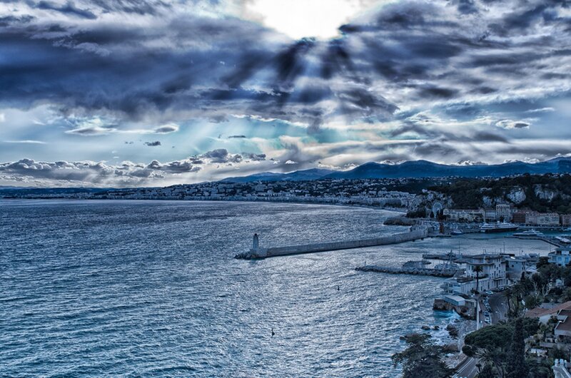Coastal City with Harbor — Blue