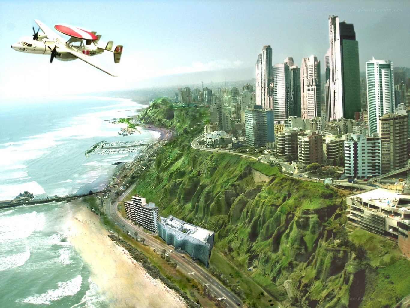 Coastal city with radar plane