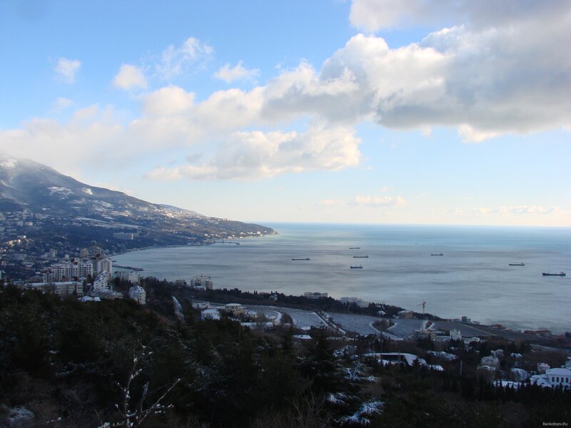 coastal city with snowy mountains