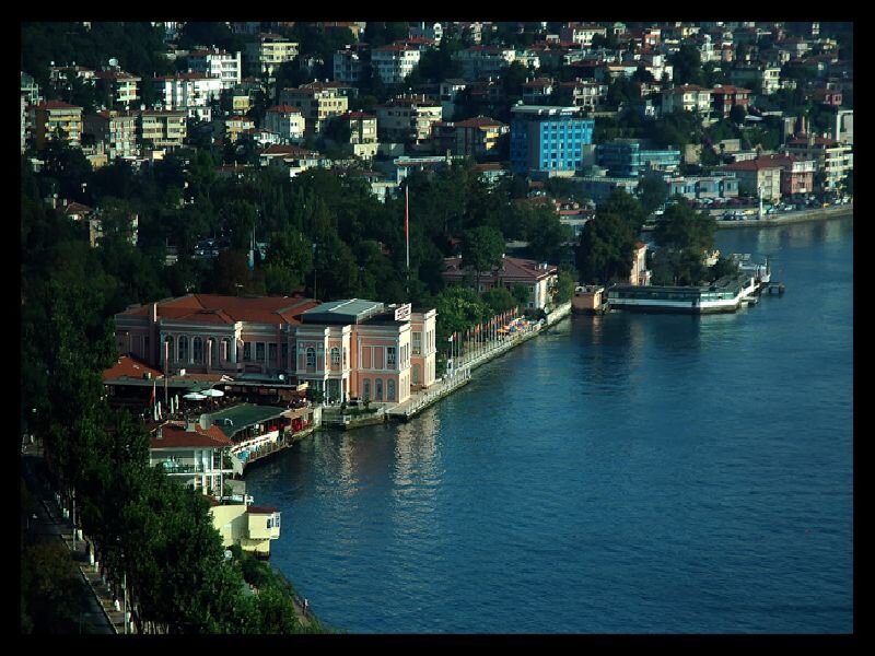 Coastal city with waterfront buildings