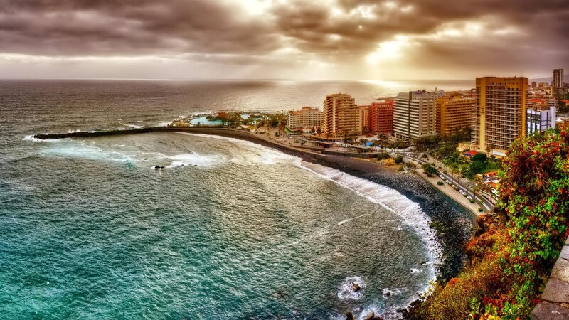 Coastal Cityscape at Sunset — Blue, Dramatic