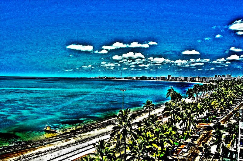 Coastal Cityscape with Palm Trees — Blue