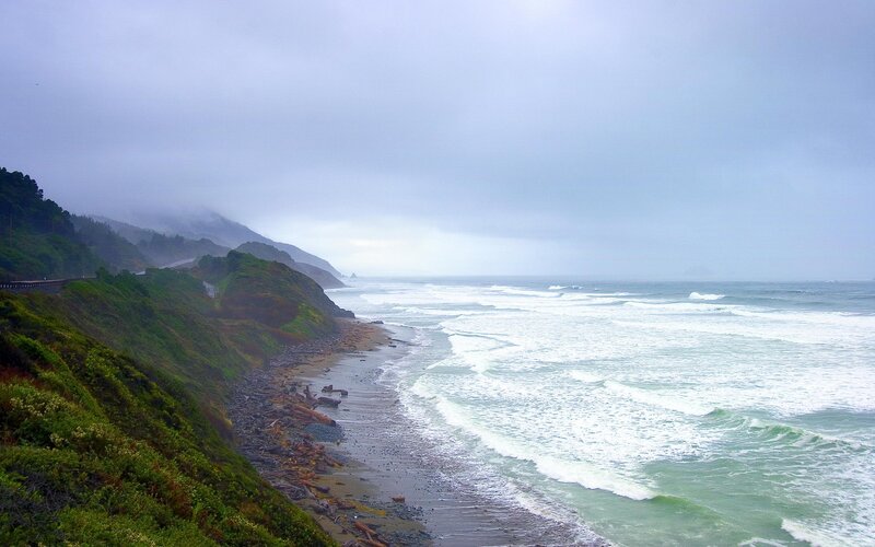 Coastal Cliff and Ocean — Green, Overcast