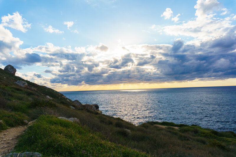 Coastal Cliff at Sunset — Blue, Serene, Photograph, Ocean, Clouds