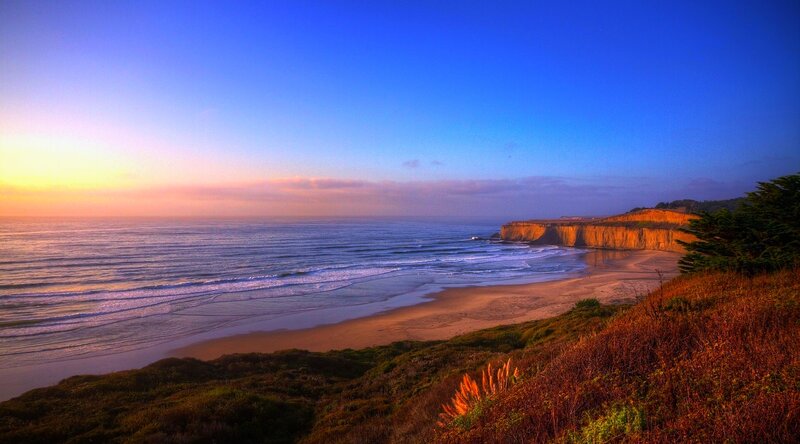 Coastal Cliff at Sunset — Blue, Serene, Photograph