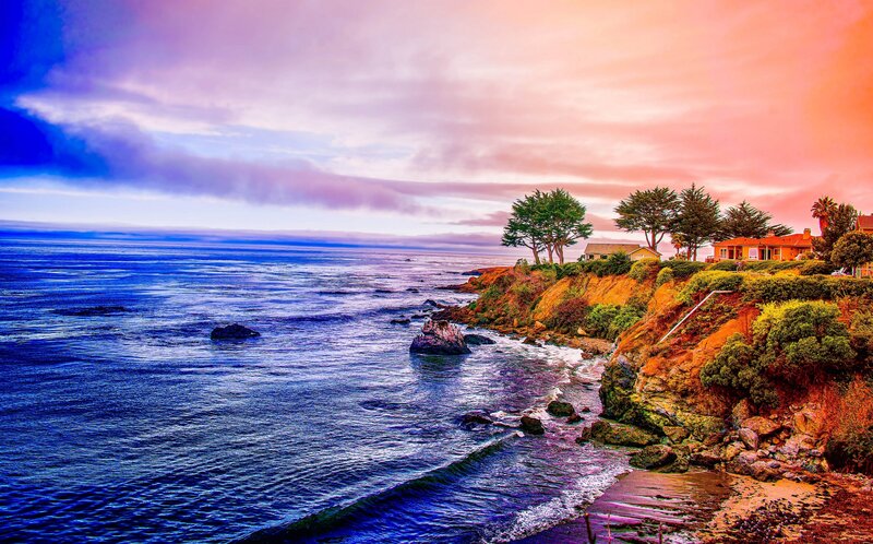 Coastal Cliff with Houses — Blue