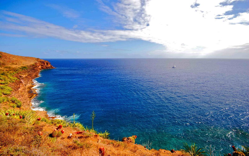 Coastal Cliff with Ocean — Blue, Serene, Afternoon, Photograph, Sailboat