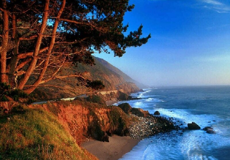 Coastal Cliff with Ocean — Blue, Serene, Sunset