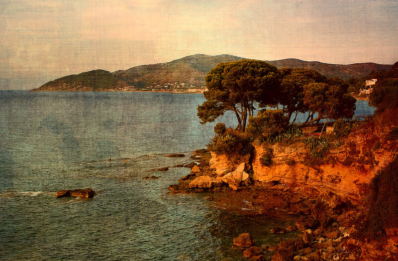 Coastal Cliff with Trees — Blue