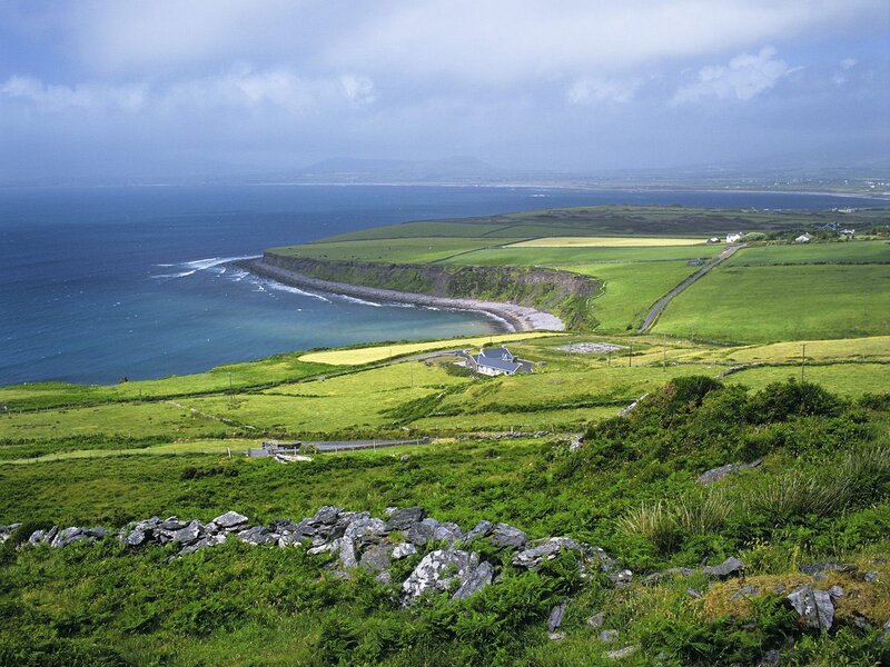 Coastal Cliffs and Fields — Green, Serene, Afternoon, Photograph, Ocean, Farmhouse