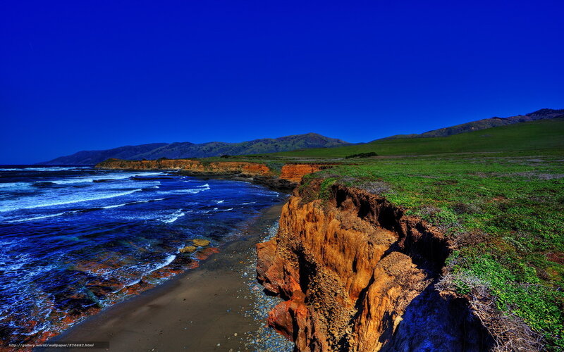 Coastal Cliffs and Ocean — Blue, Dramatic, Afternoon, Photograph, Mountains, Grass