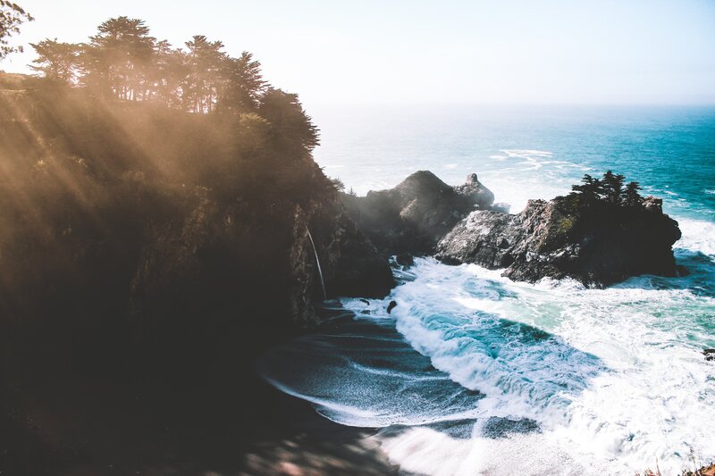 Coastal Cliffs and Ocean — Blue, Dramatic, Afternoon, Photograph, Trees, Rocks