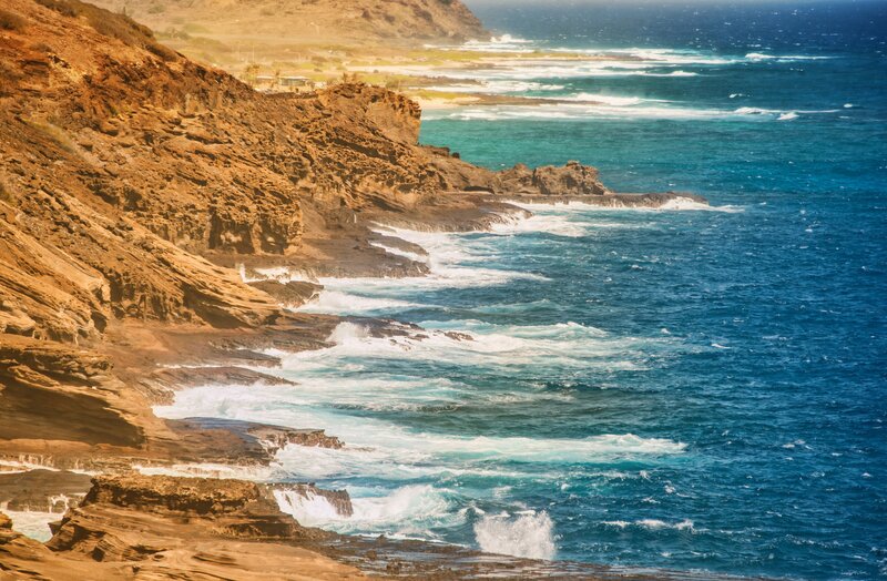 Coastal Cliffs and Ocean — Blue, Dramatic, Afternoon, Photograph, Waves, Rocks