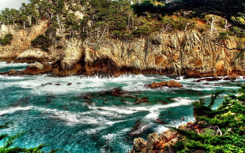 Coastal Cliffs and Ocean — Blue, Dramatic, Photograph, Trees, Rocks, Waves