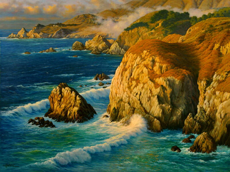 Coastal Cliffs and Ocean — Blue, Dramatic, Sunset, Painting