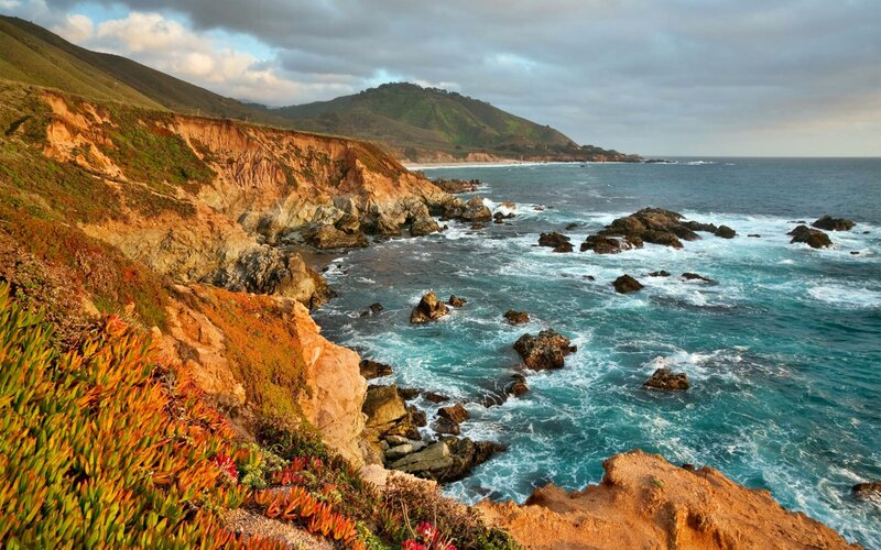Coastal Cliffs and Ocean — Blue, Dramatic, Sunset, Photograph, Rocks, Waves, Mountain
