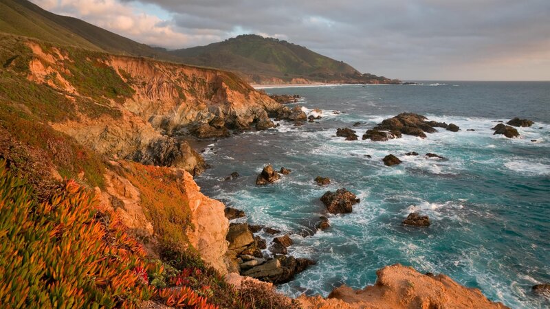 Coastal Cliffs and Ocean — Blue, Dramatic, Sunset, Photograph, Rocks, Waves, Mountains