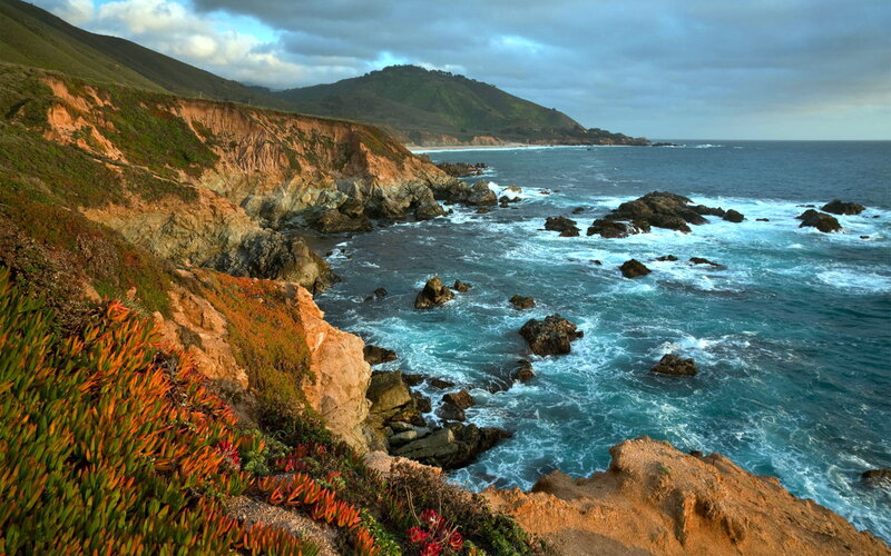 Coastal Cliffs and Ocean — Blue, Dramatic, Sunset, Photograph