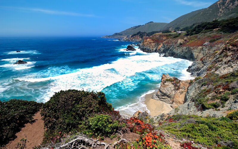 Coastal Cliffs and Ocean — Blue, Serene, Afternoon, Photograph, Beach, Vegetation