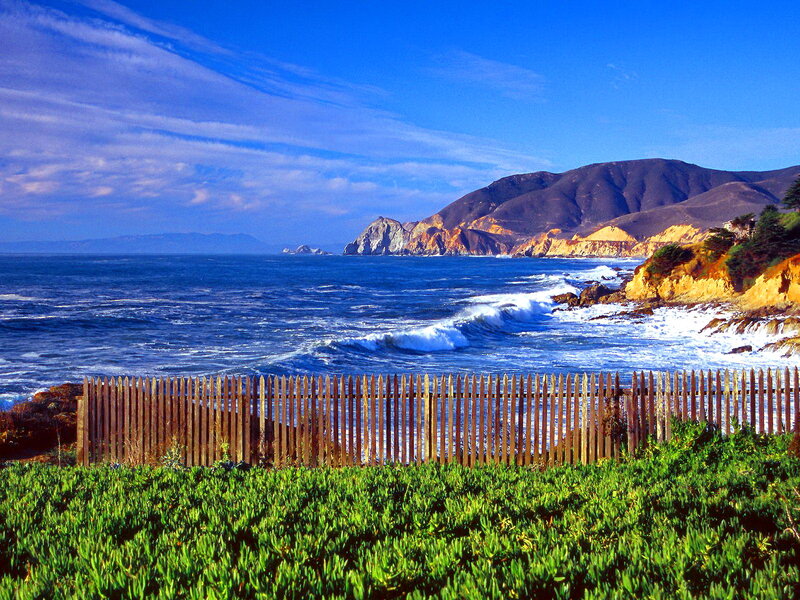 Coastal Cliffs and Ocean — Blue, Serene, Afternoon, Photograph, Fence