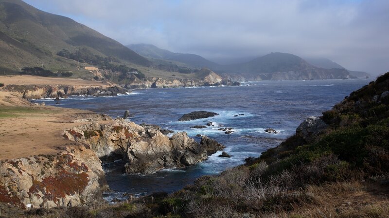 Coastal Cliffs and Ocean — Blue, Serene, Morning, Photograph, Mountains, Rocks