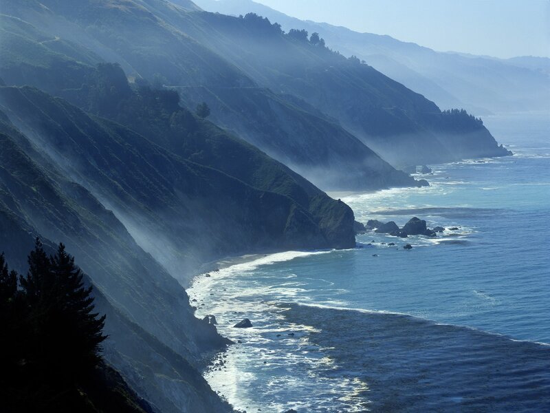 Coastal Cliffs and Ocean — Blue, Serene, Morning, Photograph, Trees, Fog