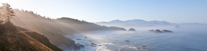 Coastal Cliffs and Ocean — Blue, Serene, Morning, Photograph, Trees