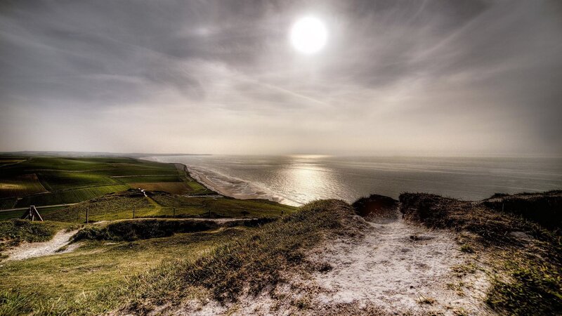 Coastal Cliffs and Ocean — Green, Dramatic, Afternoon, Photograph, Sun, Clouds