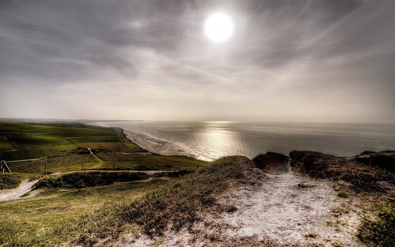 Coastal Cliffs and Ocean — Green, Dramatic, Afternoon, Photograph, Sun