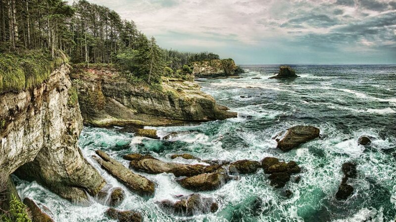 Coastal Cliffs and Ocean — Green, Dramatic, Photograph