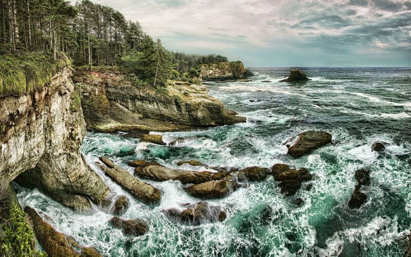 Coastal Cliffs and Ocean — Green, Dramatic, Photograph, Trees