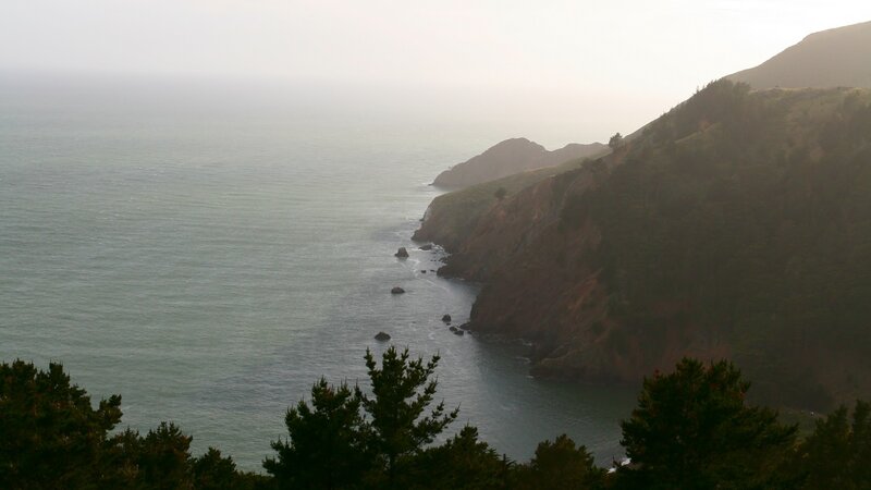 Coastal Cliffs and Ocean — Green, Misty, Morning