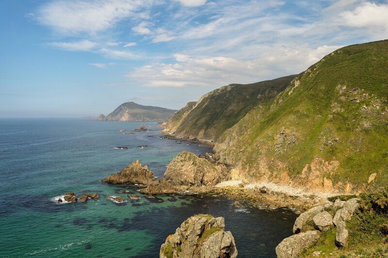 Coastal Cliffs and Ocean — Green, Serene, Afternoon, Photograph, Rocks