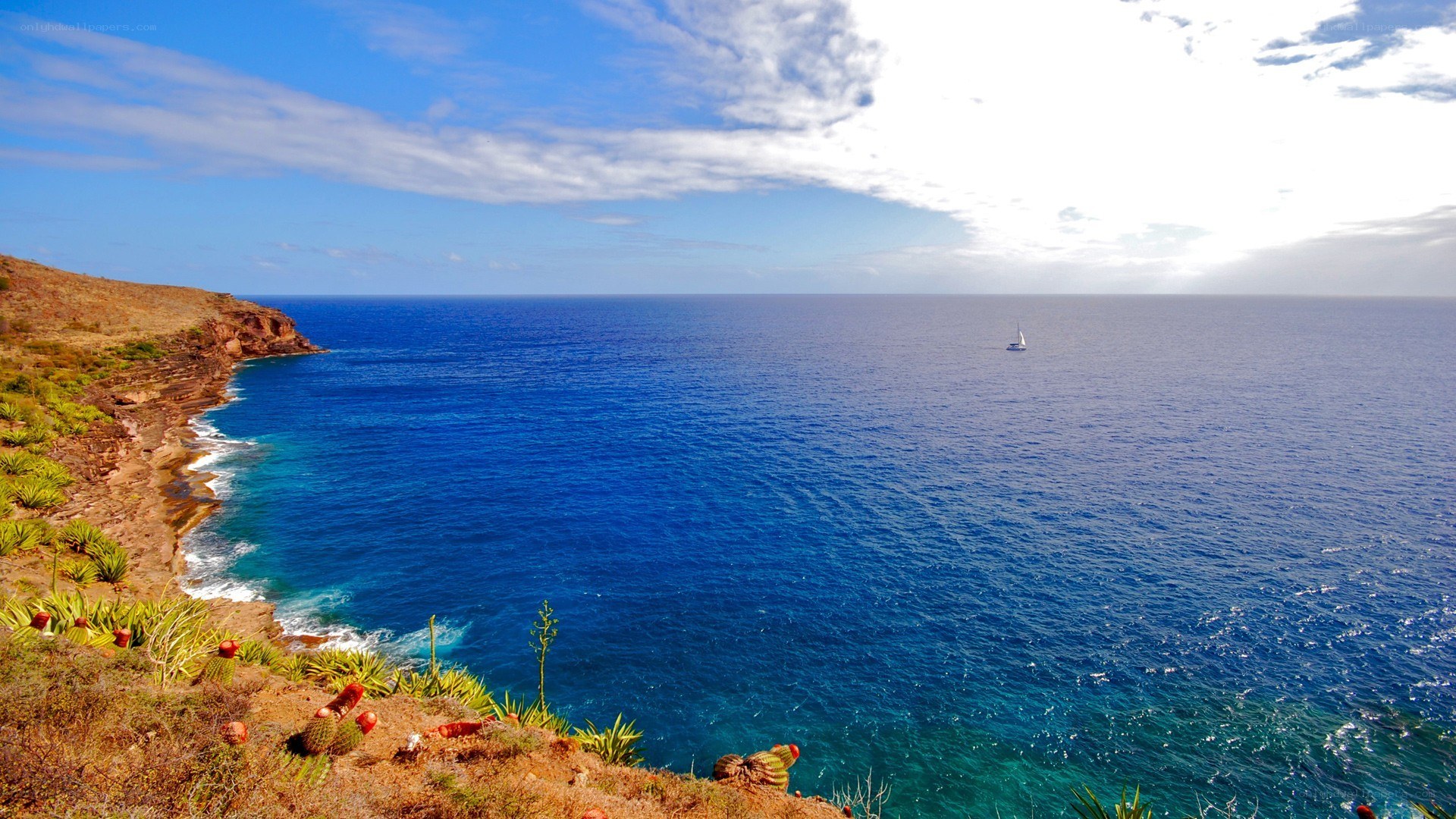 coastal cliffs and sailboat
