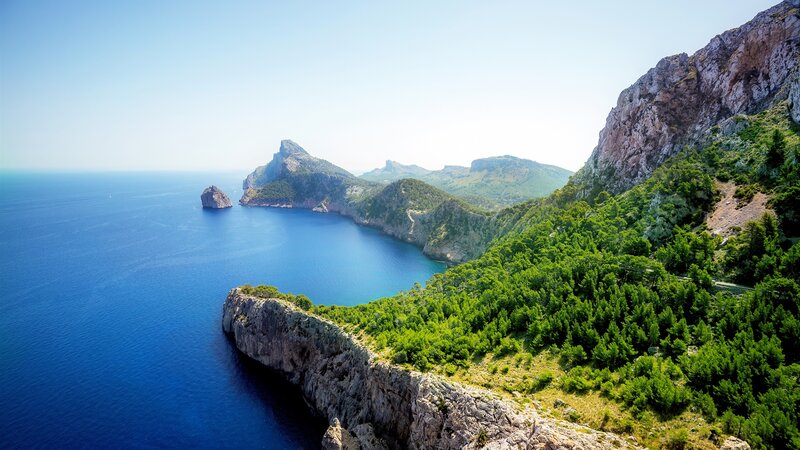 Coastal Cliffs and Sea — Blue, Serene, Afternoon, Photograph, Island, Trees