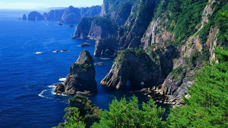 Coastal Cliffs and Sea — Blue, Serene, Afternoon, Photograph, Rocks, Trees