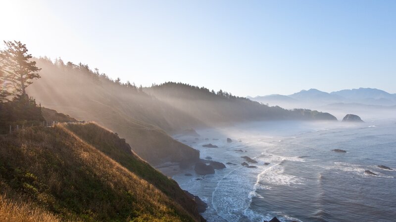 Coastal Cliffs at Sunrise — Blue, Serene, Photograph
