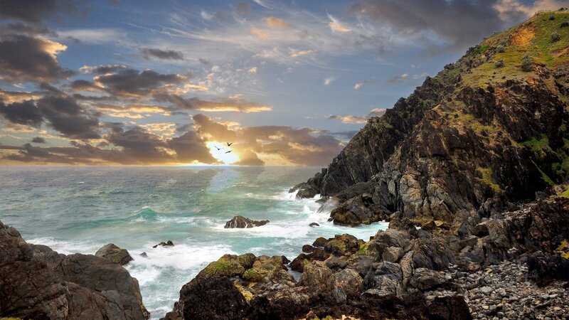 Coastal Cliffs at Sunset — Blue, Birds