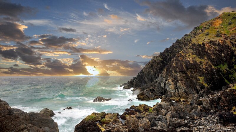 Coastal Cliffs at Sunset — Blue, Dramatic, Photograph, Ocean, Birds, Clouds, Orange, Gray