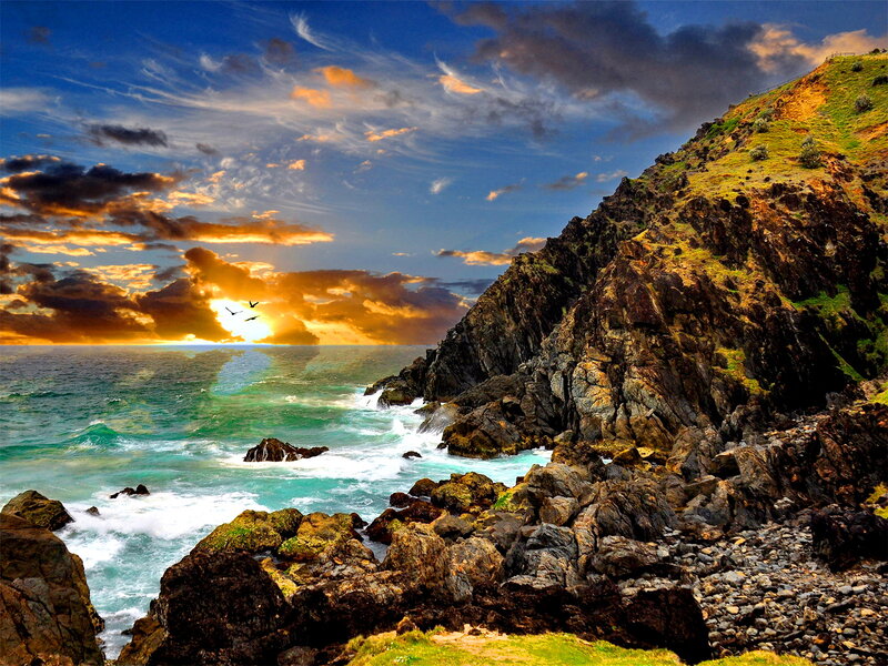 Coastal Cliffs at Sunset — Blue, Dramatic, Photograph, Ocean, Birds, Clouds
