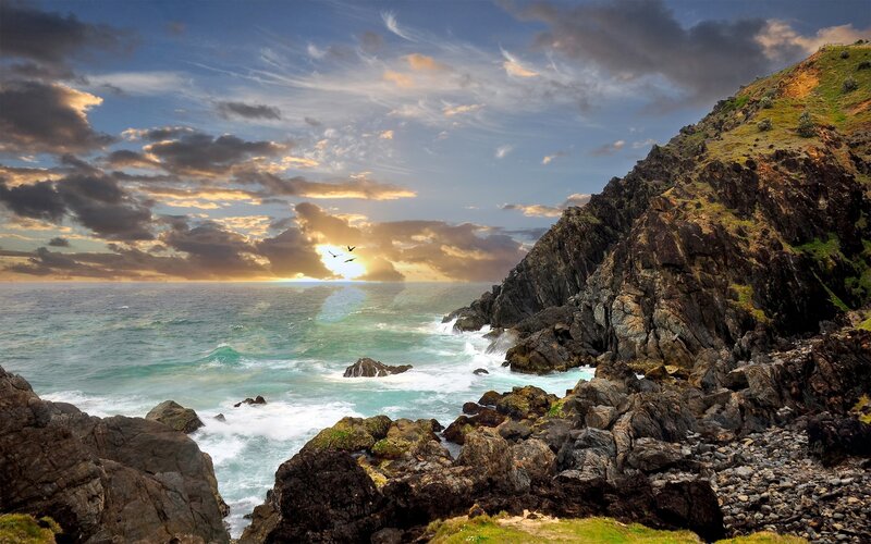 Coastal Cliffs at Sunset — Blue, Dramatic, Photograph, Ocean, Clouds, Birds, Green