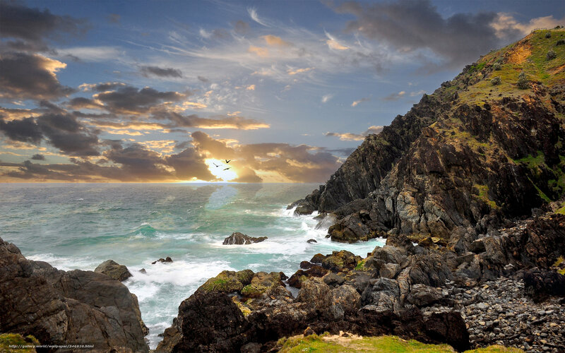 Coastal Cliffs at Sunset — Blue, Dramatic, Photograph, Ocean, Clouds, Birds