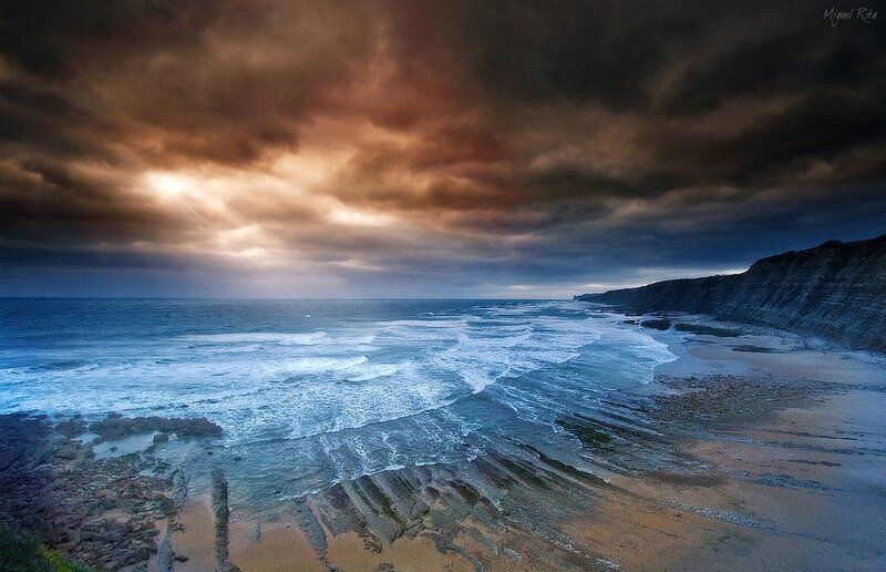 Coastal Cliffs at Sunset — Blue, Dramatic, Photograph, Ocean, Clouds