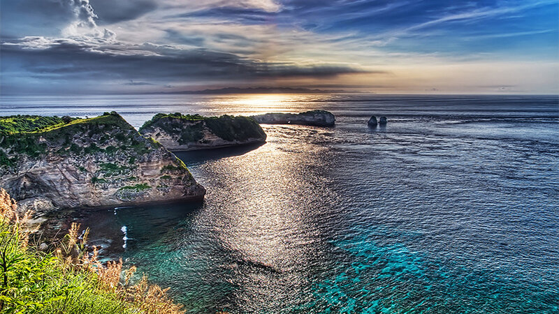 Coastal Cliffs at Sunset — Blue, Dramatic, Photograph, Ocean, Islands