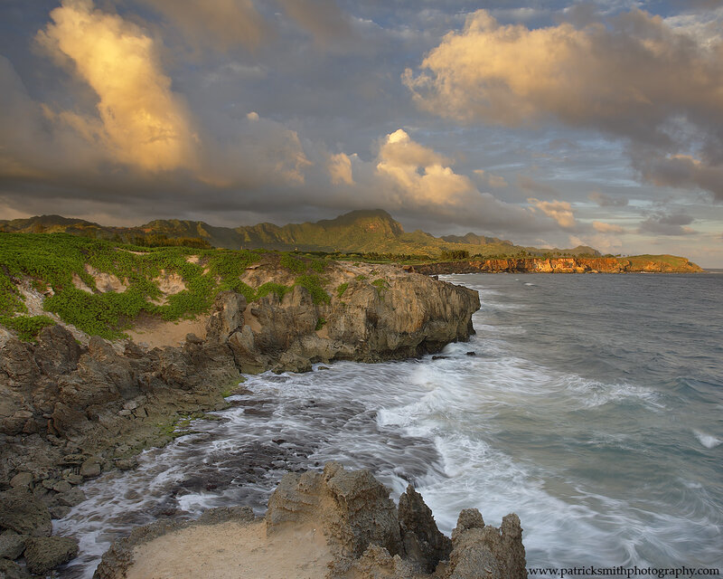 Coastal Cliffs at Sunset — Blue, Dramatic, Photograph, Ocean, Mountains, Clouds, Green