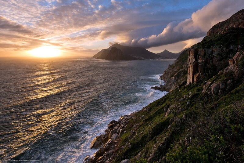 Coastal Cliffs at Sunset — Blue, Dramatic, Photograph, Ocean, Mountains, Clouds