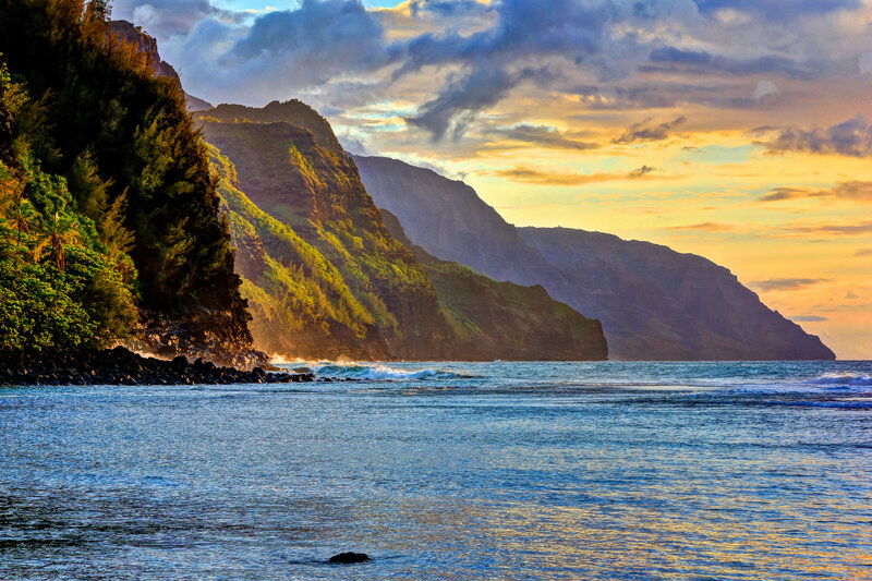 Coastal Cliffs at Sunset — Blue, Dramatic, Photograph, Ocean, Mountains