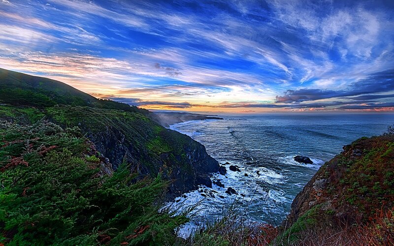 Coastal Cliffs at Sunset — Blue, Dramatic, Photograph, Ocean, Sky, Rocks, Green