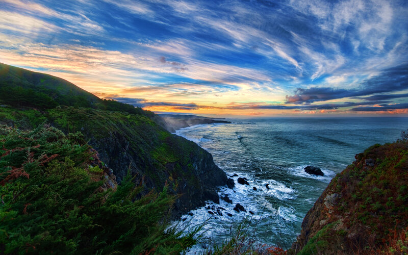 Coastal Cliffs at Sunset — Blue, Dramatic, Photograph, Ocean, Sky, Rocks